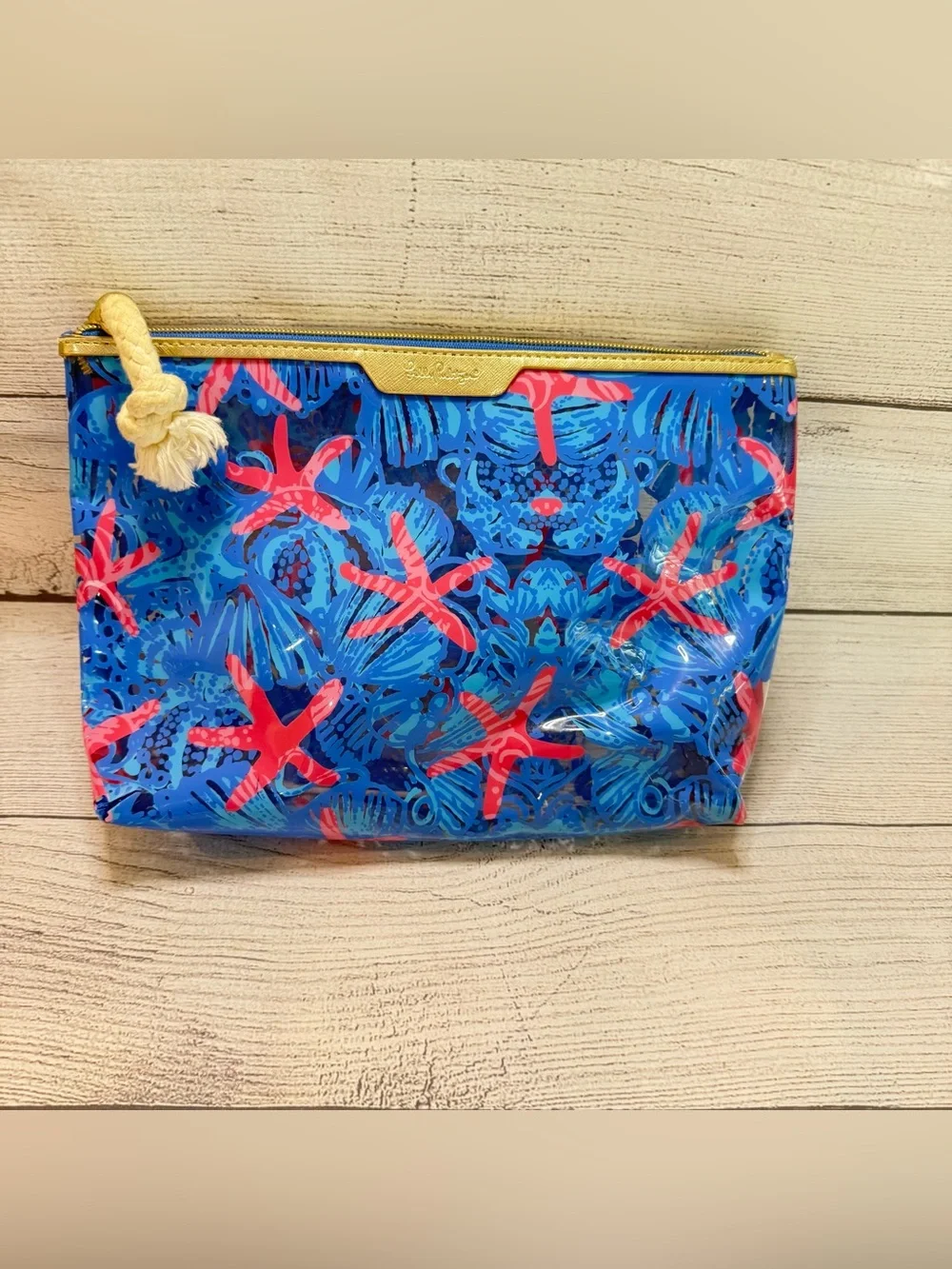 Lilly Pulitzer Blue Starfish Pattern Cosmetic Pouch with Coral Accents